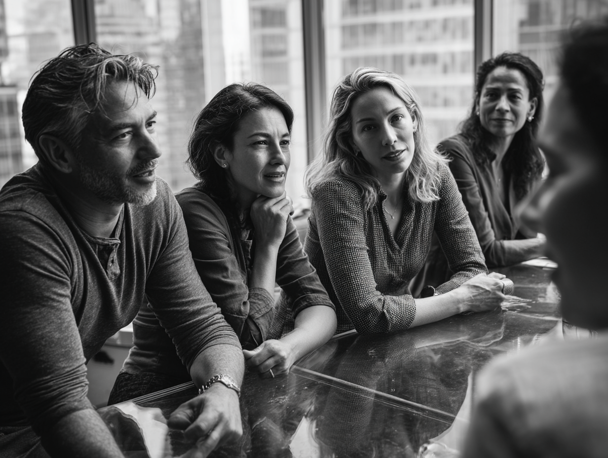 Team meeting of professionals in a modern office.